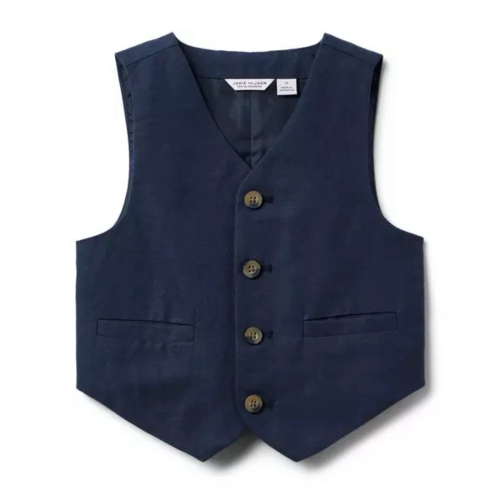 Janie And Jack Special Occasions Boys Linen Vest Button Down Classic Navy Blue 7